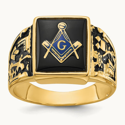 Men's Polished & Textured w/ Black Enamel & Onyx Masonic Ring, 14K