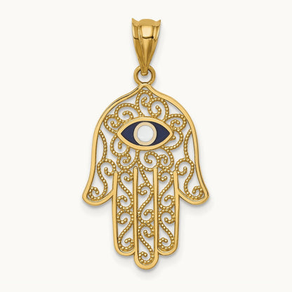 Polished and Enameled Hamsa Pendant, 14K