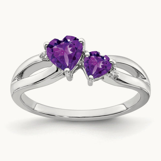 Amethyst and Diamond 2-stone Heart Ring, 14K White Gold