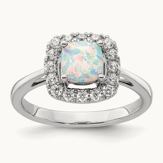 Oct Birthstone Created Opal Halo Ring, 0.25 ct tw Lab-Grown Diamond