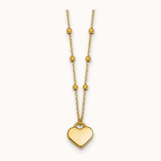 Polished Beaded and Heart 16in w/2in ext. Necklace, 14K