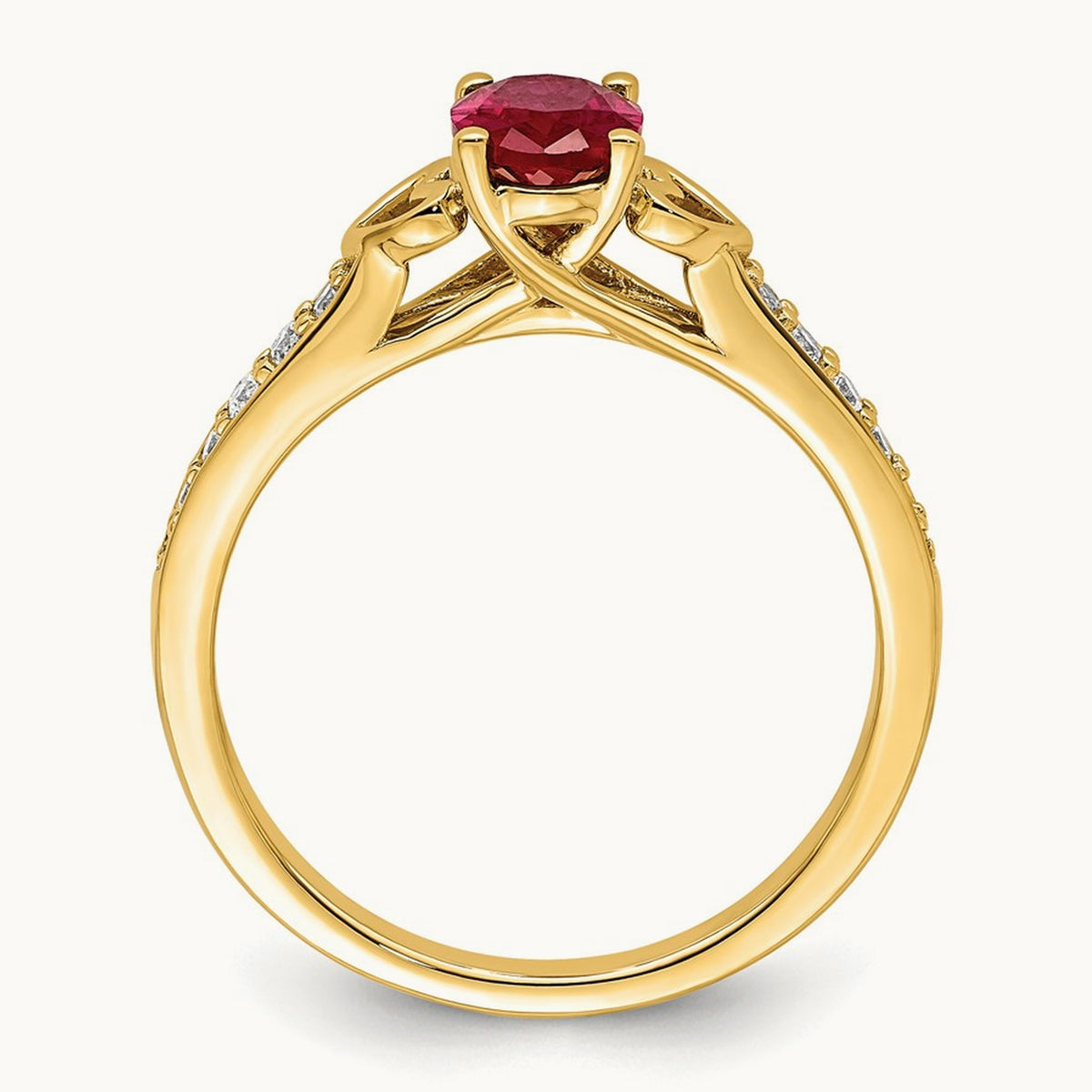 Polished Side Hearts Ruby and Diamond Ring, 14K