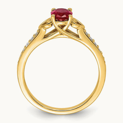 Polished Side Hearts Ruby and Diamond Ring, 14K