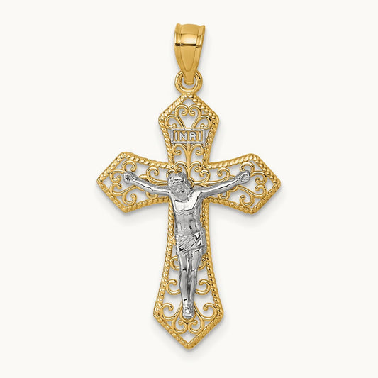 Polished and Beaded Fancy Crucifix Pendant, 14K Two-tone