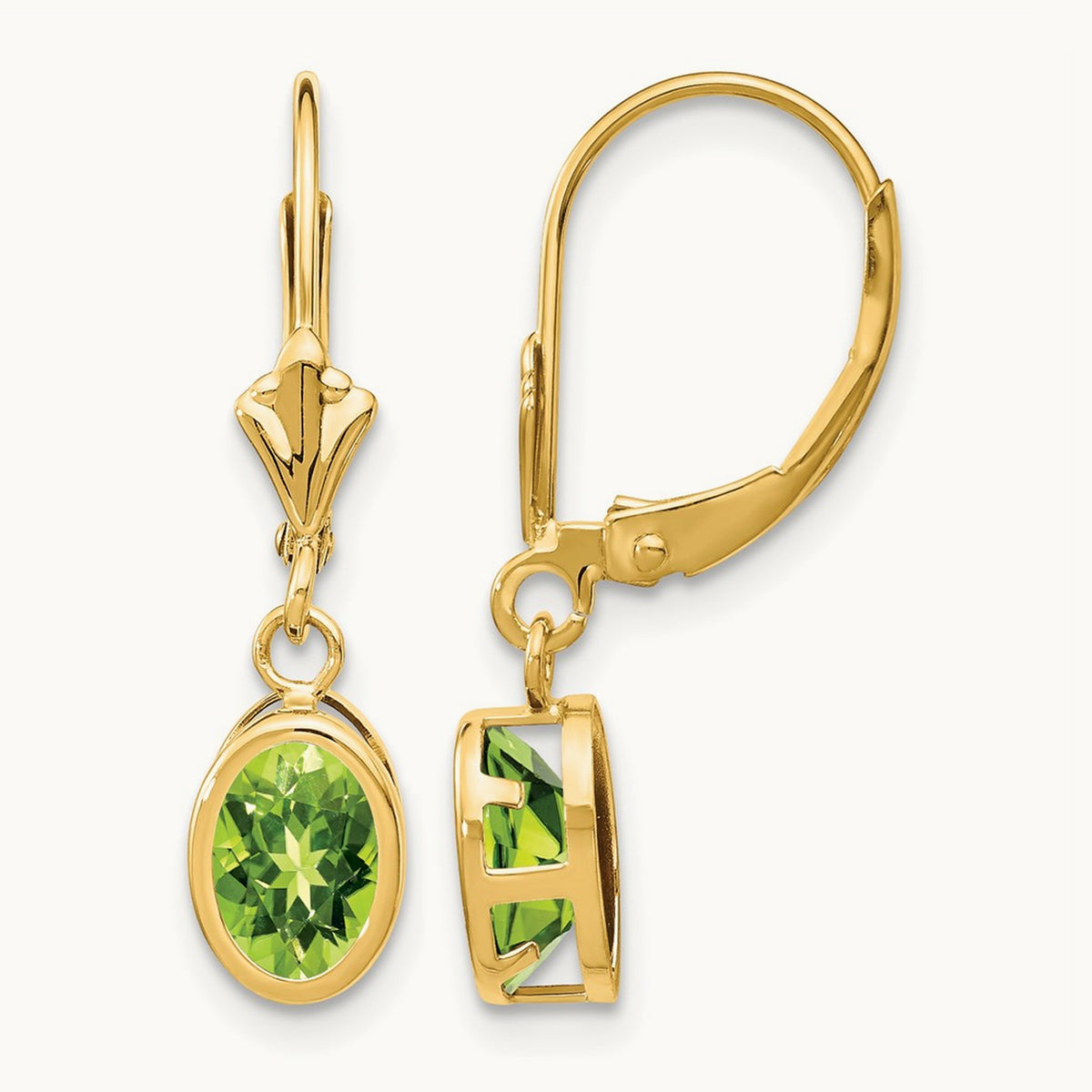 Oval Peridot Leverback Earrings — 14K Yellow Gold, 27mm, 7x5mm
