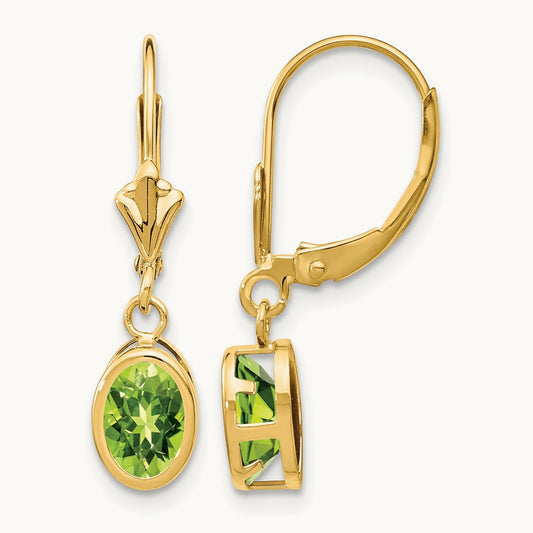 Oval Peridot Leverback Earrings — 14K Yellow Gold, 27mm, 7x5mm