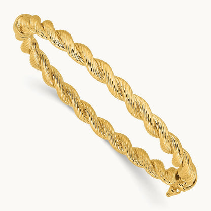 Polished and Textured Twisted Hinged Bangle, 14K