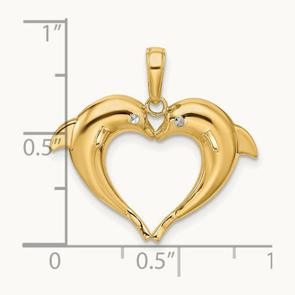 w/Rhodium Double Dolphin Heart Pendant, 14K