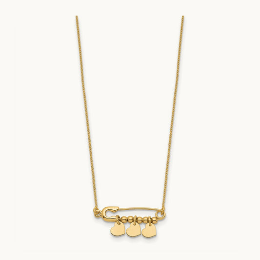 Safety Pin with Dangle Hearts Necklace, 14K