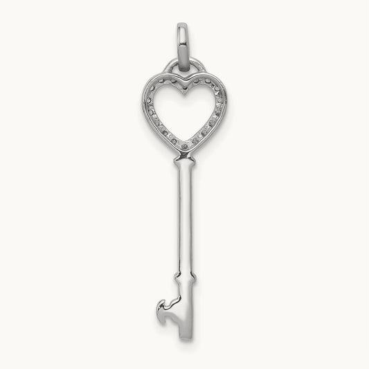 Diamond Heart Key Pendant, 14K White Gold