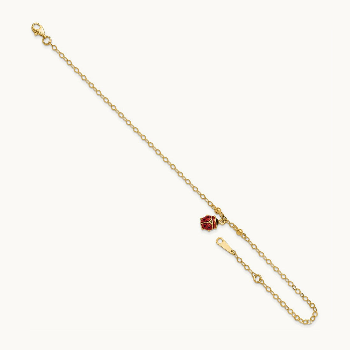 Adjustable Enameled Ladybug 9in Plus 1in ext. Anklet, 14K