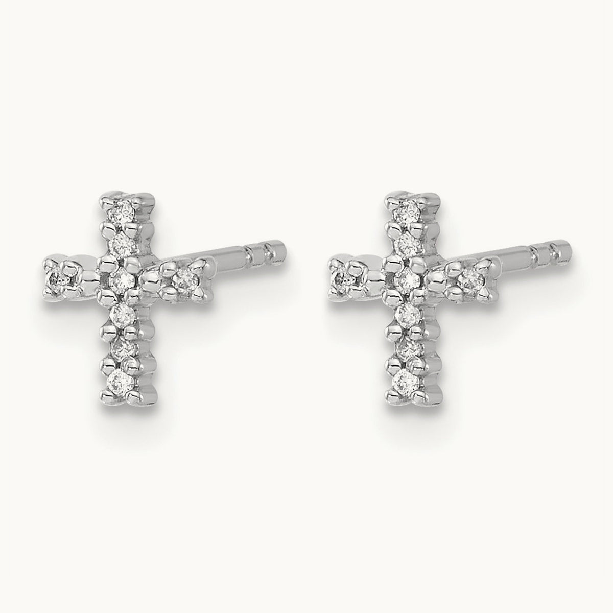 Polished Diamond Cross Post Earrings — 14K White Gold, 7mm