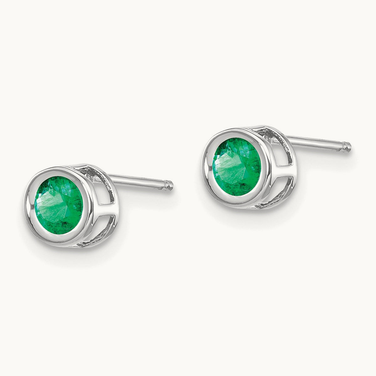 Bezel May/Emerald Post Earrings — 14K White Gold
