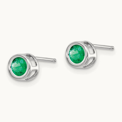 Bezel May/Emerald Post Earrings — 14K White Gold