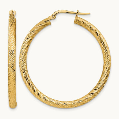 Polished Diamond-cut Round Hoop Earrings — 14K Yellow Gold