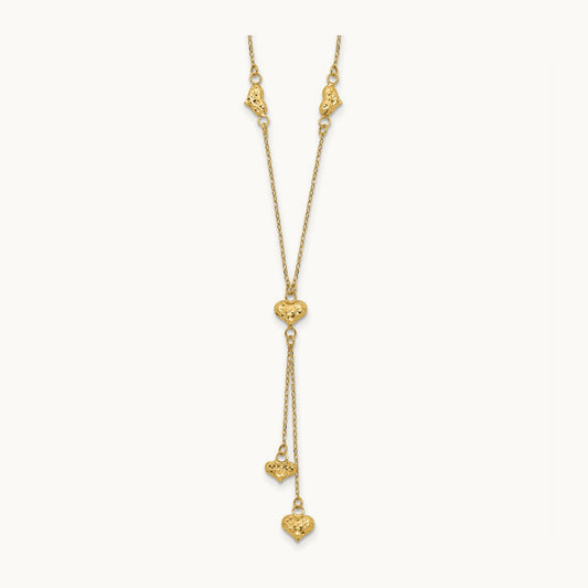 Polished Diamond-cut Puffed Hearts w/2in Ext. Y-Necklace, 14K