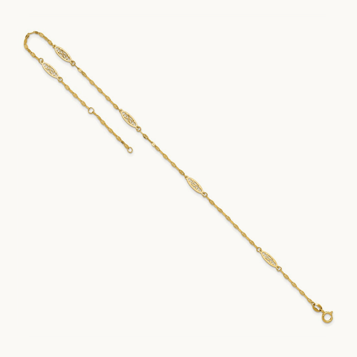Polished Fancy Filigree Link 9in Plus 1 in ext. Anklet, 14K