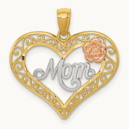 w/White Rhodium D/C MOM in Heart w/Rose Pendant, 14K Two-tone