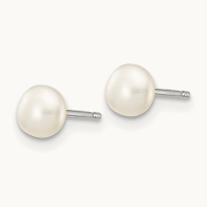 4- White Button FW Cultured Pearl Stud Post Earrings, 5mm, 14K White Gold