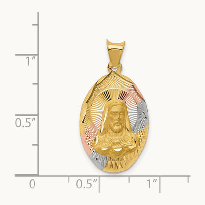 w/Rose and White Rhodium D/C Sagrado Corazon Oval Pendant, 14K