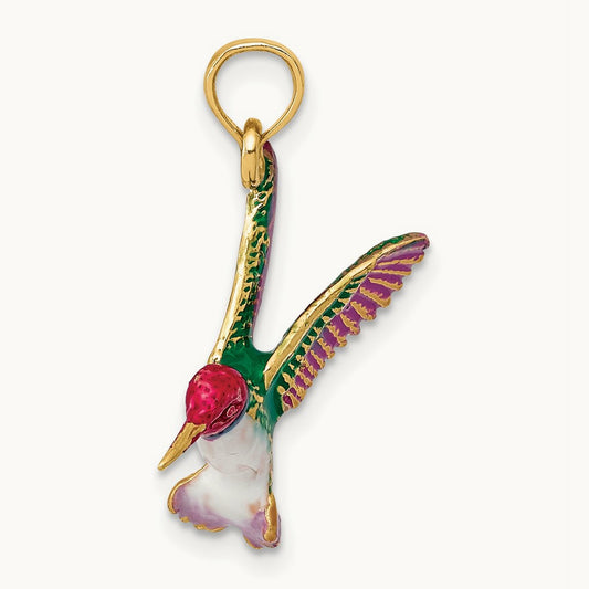 Enameled 3D Hummingbird Pendant, 14K