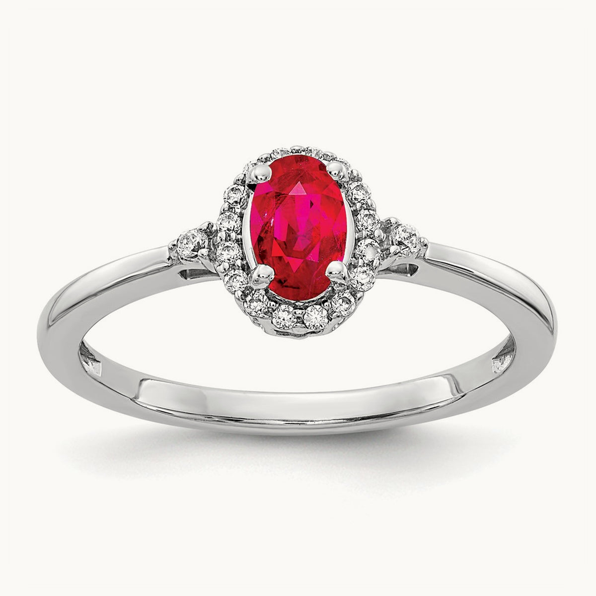 Oval Ruby and Diamond Halo Ring, 14K White Gold