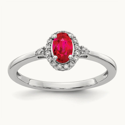 Oval Ruby and Diamond Halo Ring, 14K White Gold