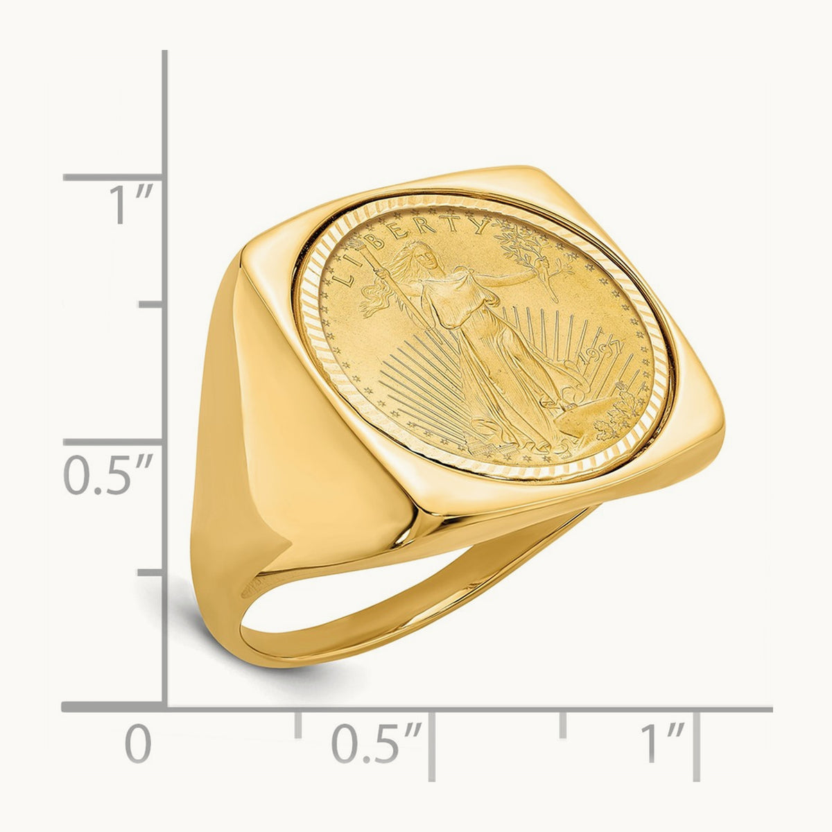 Men's Polished D/C Square Mounted 1/10oz AM Eagle Coin Bezel Ring, 14K
