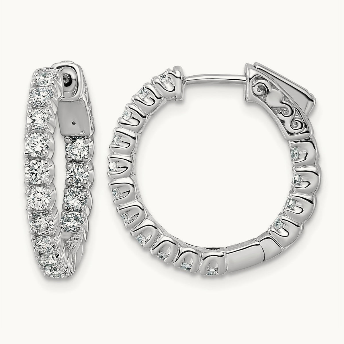 Diamond Round Hoop w/Safety Clasp Earrings, 14K White Gold