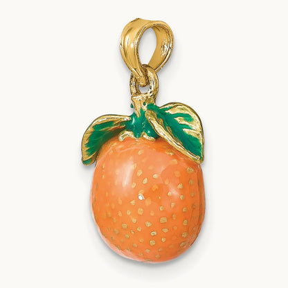 W/ Enamel 3-D Orange With Stem and Leaf Charm, 14K
