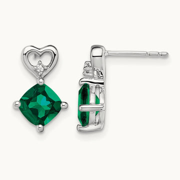 Created Emerald and Diamond Heart Earrings, 14K White Gold