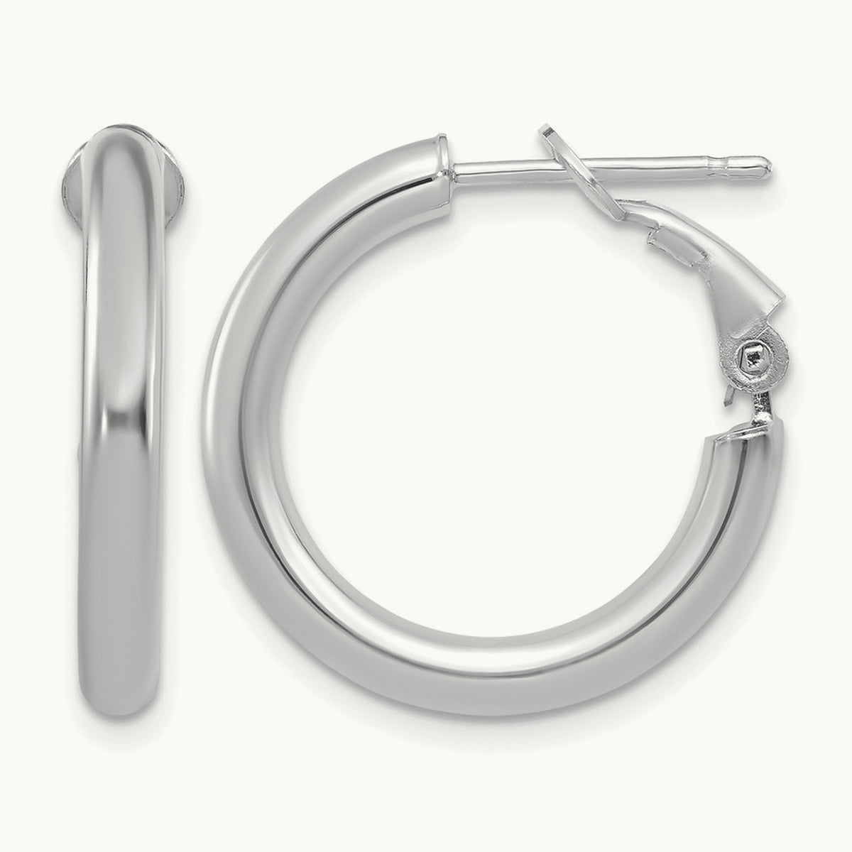 Polished Round Omega Back Hoop Earrings — 14K White Gold, 3x22mm