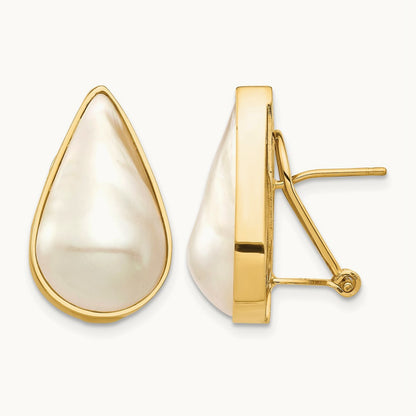 12x20 White Pear Saltwater Cultured Mabe Pearl Omega Back Earrings, 14K