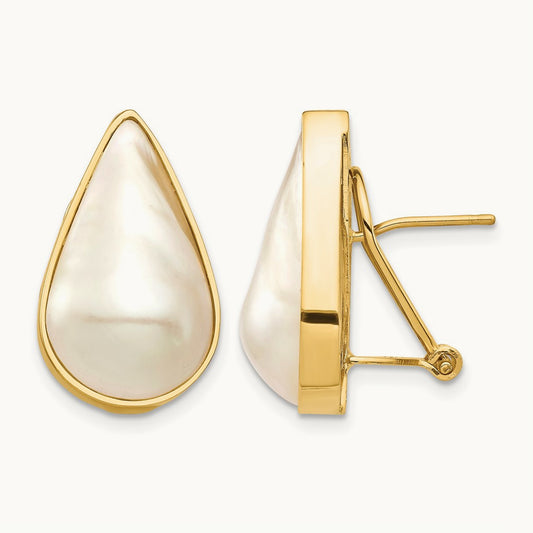 12x20 White Pear Saltwater Cultured Mabe Pearl Omega Back Earrings, 14K