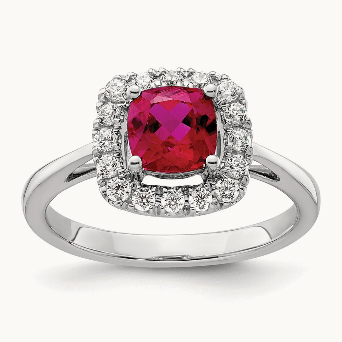 July Birthstone Created Ruby Halo Ring, 0.25 ct tw Lab-Grown Diamond