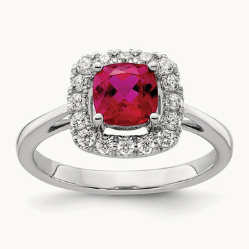 July Birthstone Created Ruby Halo Ring, 0.25 ct tw Lab-Grown Diamond
