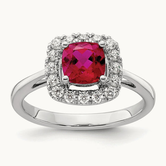 July Birthstone Created Ruby Halo Ring, 0.25 ct tw Lab-Grown Diamond