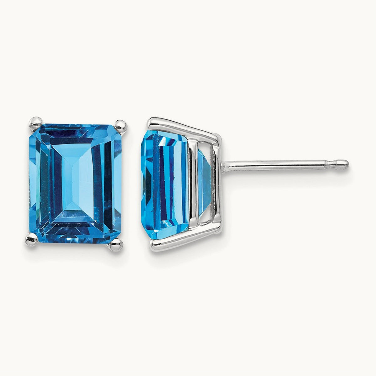 9x7mm Emerald Cut Blue Topaz Earrings, 14K White Gold