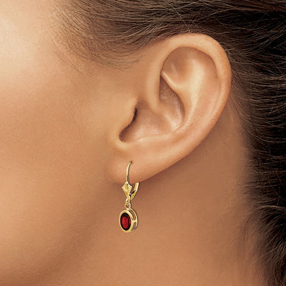 Oval Garnet Leverback Earrings — 14K Yellow Gold, 27mm, 7x5mm