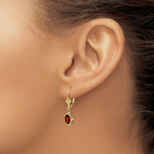 Oval Garnet Leverback Earrings — 14K Yellow Gold, 27mm, 7x5mm