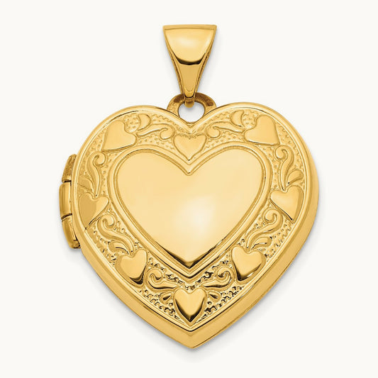 Hearts w/ LOVE Reversible Heart Locket Pendant, 19mm, 14K Yellow Gold