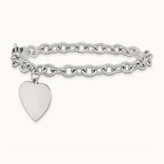 Link W/ Heart Charm Bracelet, 14K White Gold