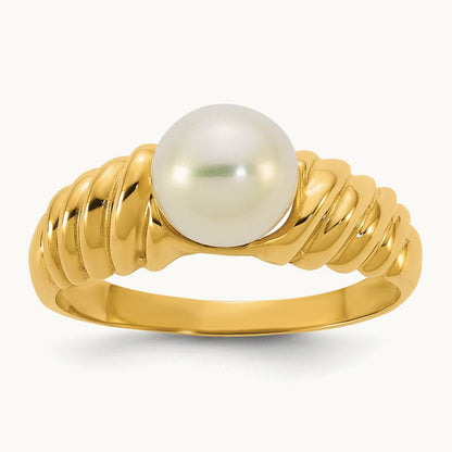Polished 6- Round White Freshwater Cultured Pearl Ring, 7mm, 14K