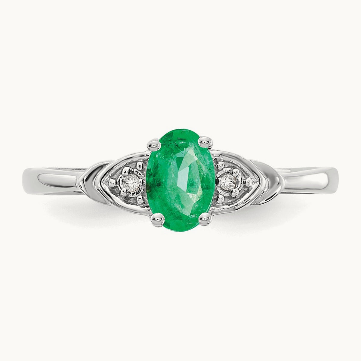 Emerald and Diamond Ring — 14K White Gold, 7