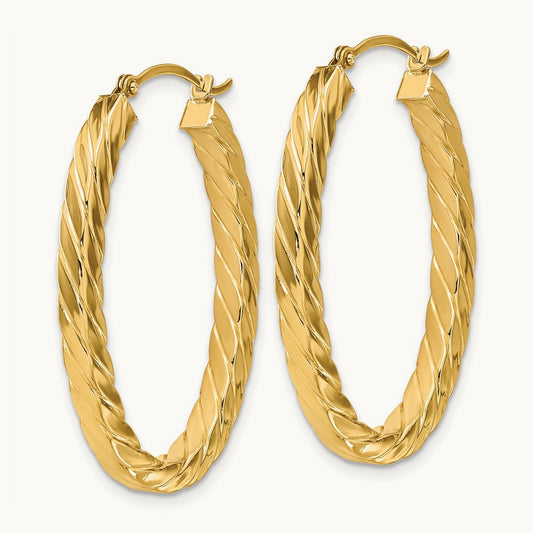 Polished & Twisted Square Tube Oval Hoop Earrings, 3mm, 14K