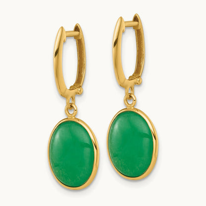 Polished Oval Jade Dangle Hinged Hoop Earrings, 14K