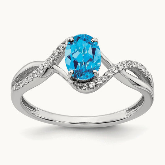 Oval Blue Topaz and Diamond Twist Ring, 14K White Gold