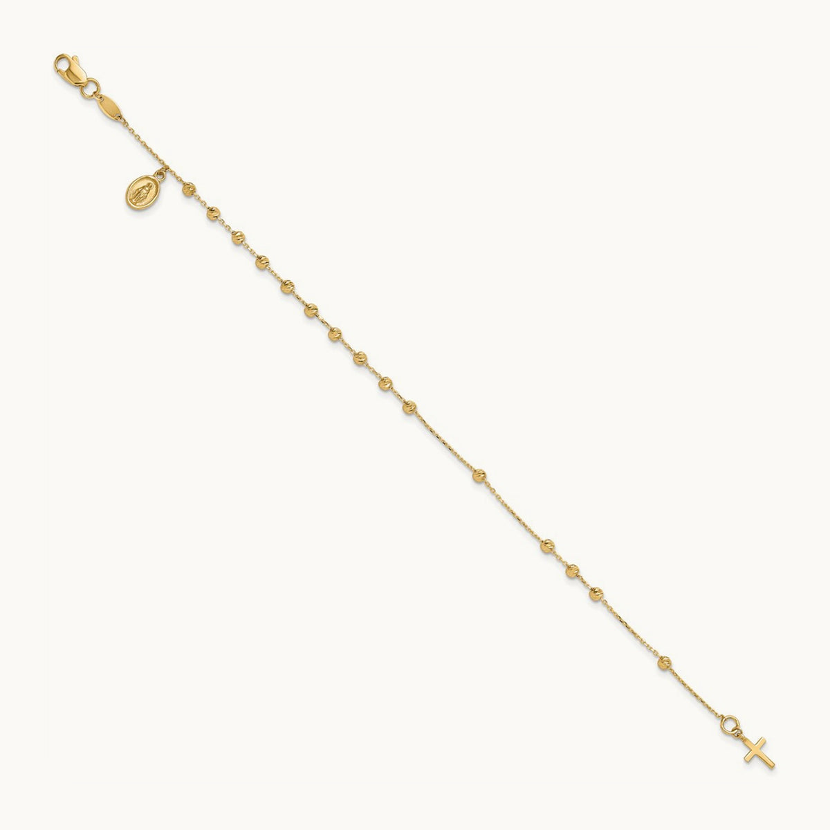 Polished and Diamond-cut Miraculous Medal and Cross Rosary Design Brace, 14K