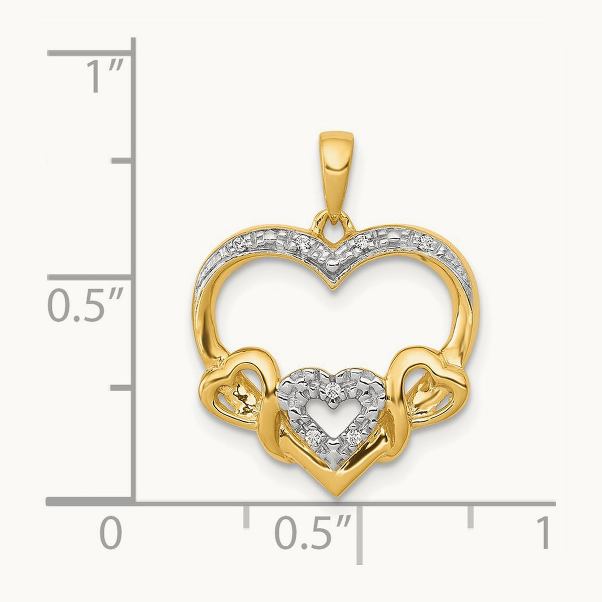 .03ct. Diamond and Rhodium Heart w/3 Smaller Hearts Pendant, 14K