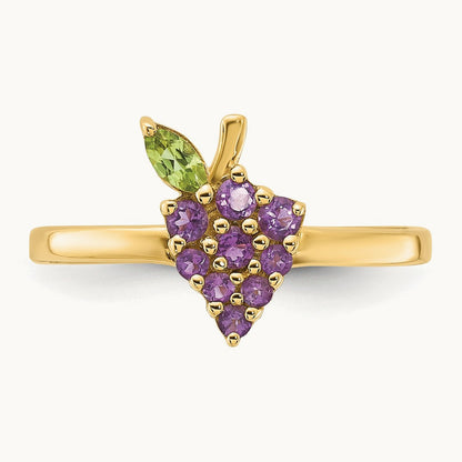 Amethyst and Peridot Grape Ring, 14K Gold